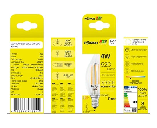 Visional C35T LED filamentu spuldze E14 4W 3000K 520lm caurspīdīgs stikls 220–240V RA>80