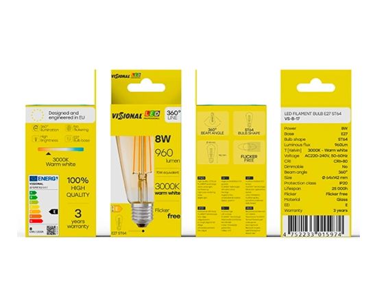 Visional ST64 LED Filament Spuldze E27 8W 3000K 960lm Dzintara Stikls 220–240V RA>80