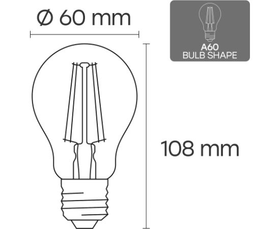 Visional A60 LED Filament Spuldze E27 6W 3000K 840lm Caurs Stikls 220–240V RA>80