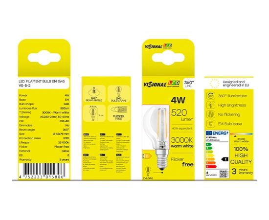 Visional G45 LED filamento spuldze E27 4W 3000K 520lm caurspīdīga stikla 220–240V RA>80