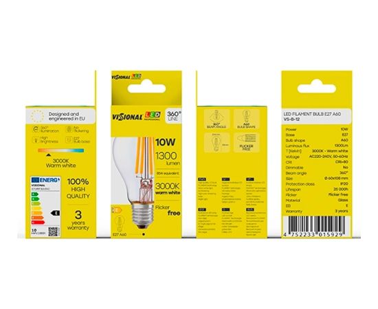 Visional A60 LED Filamentu Spuldze E27 10W 3000K 1300lm Skaidrs Stikls 220–240V RA>80
