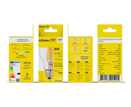 Visional A60 LED Нить Лампа E27 8W 3000K 1040lm Диммируемая Прозрачное Стекло 220–240V RA>80