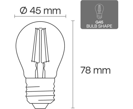 Visional G45 LED Filament Bumba E27 4W 3000K 520lm Regulējama caurspīdīga stikla 220–240V RA>80