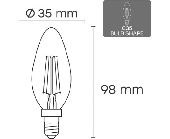 Visional C35 LED Filament Bulb E14 6.5W 3000K 950lm Dimmable Clear Glass 220–240V RA>80