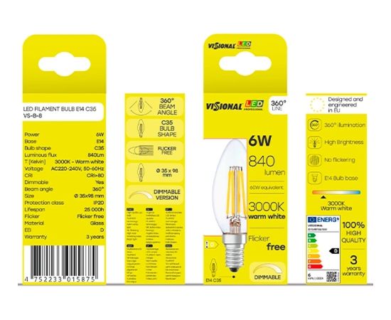 Visional C35 LED Filament Bulb E14 6.5W 3000K 950lm Dimmable Clear Glass 220–240V RA>80
