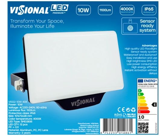 Visional LED Lukturs 10W Neitrāla Balta 1100lm 4000K IP65 SMD2835 12xLED PF>0.9 EEI:E