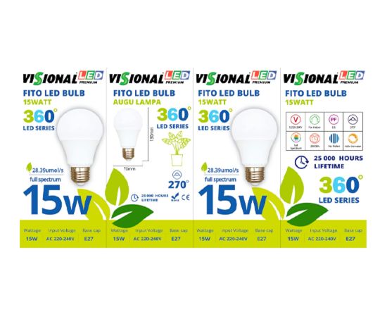 Visional Visonal 15W Filament Fito Led Lampa - Spuldze A60 E27 28.39 µmol/s (pilna spektra) priekš perfektas augu audzēšanas