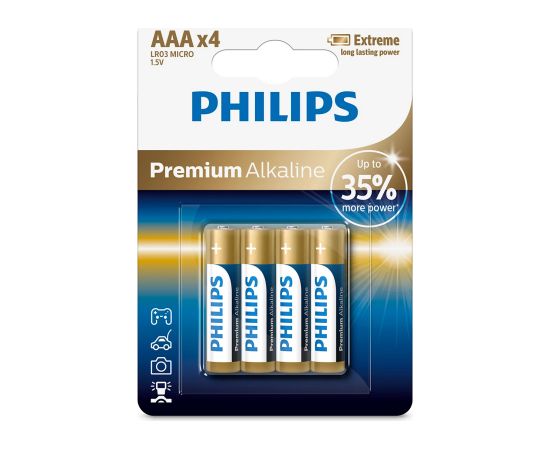PHILIPS baterijas AAA Premium Alkaline (iepakojumā 4gab)