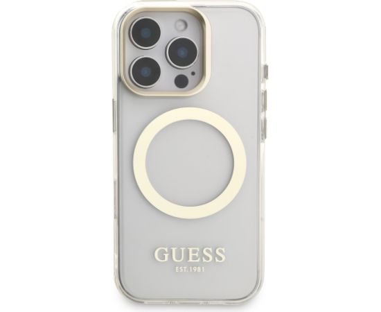 Guess IML Gold Outline Stand Camera Frame MagSafe Case Aizsargapvalks priekš Apple iPhone 16 Pro