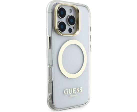 Guess IML Gold Outline Stand Camera Frame MagSafe Case Aizsargapvalks priekš Apple iPhone 16 Pro