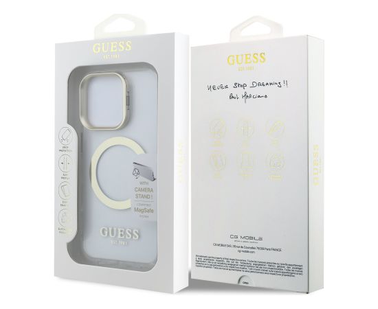 Guess IML Gold Outline Stand Camera Frame MagSafe Case Aizsargapvalks priekš Apple iPhone 16 Pro