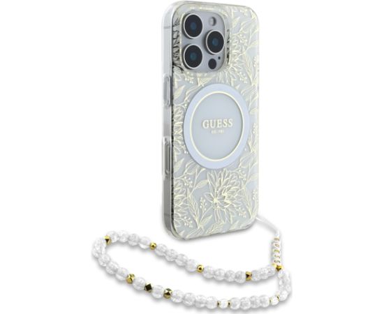 Guess IML Flowers Allover Strap MagSafe Case Aizsargapvalks priekš Apple iPhone 16 Pro Max