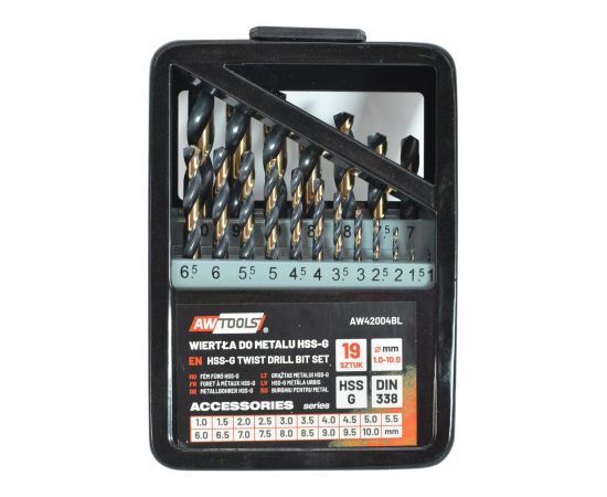 Urbju komplekts metālam AWTools AW42004BL; HSS; M2; 1-10 mm; 19 gab.