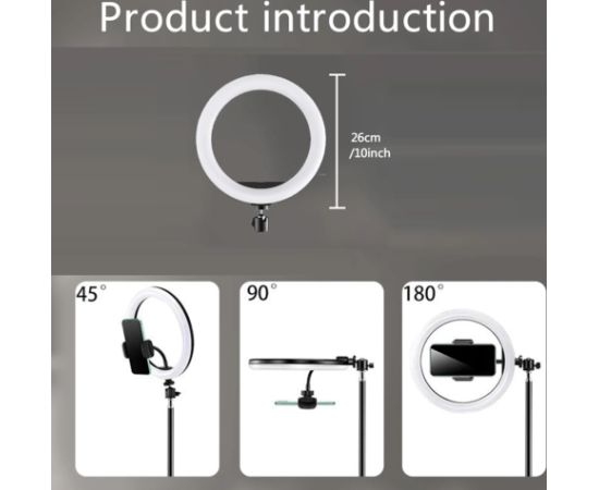 Elight ST10-5 26cm 10W LED Gaismas gredzens ar telefona fix + 0.5m Metāla Statīvs + BT pults Melna