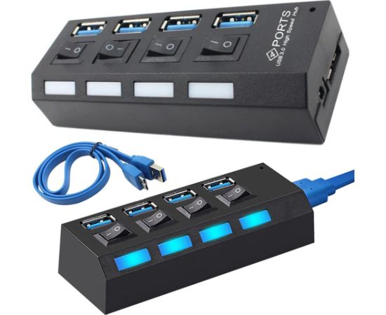 Goodbuy adapteris (sadalītājs) no USB 3.0 uz 4 x USB 3.0 | 5Gbps ar atsevišķām ieslēgšanas | izslēgšanas pogām melns