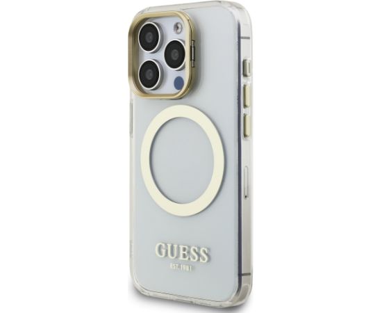 Guess IML Gold Outline Stand Camera Frame MagSafe Case Aizsargapvalks priekš Apple iPhone 15 Pro Max