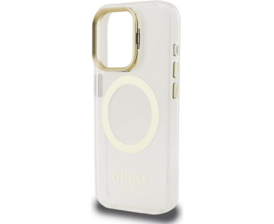 Guess IML Gold Outline Stand Camera Frame MagSafe Case Aizsargapvalks priekš Apple iPhone 15 Pro Max