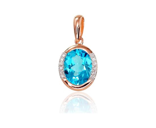 Zelta kulons #1300413(Au-R+PRh-W)_DI+TZB, Sarkanais Zelts 585°, rodijs (pārklājums), Briljanti (0,034Ct), Zilais topāzs, 1.89 gr.