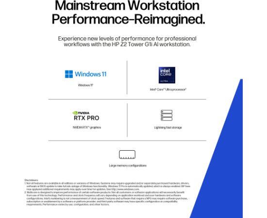 HP Z2 G1i Workstation Tower - Ultra 9-285K, 64GB, 1TB SSD, US keyboard, USB Mouse, Win 11 Pro, 3 years / B76S7ET#ABB