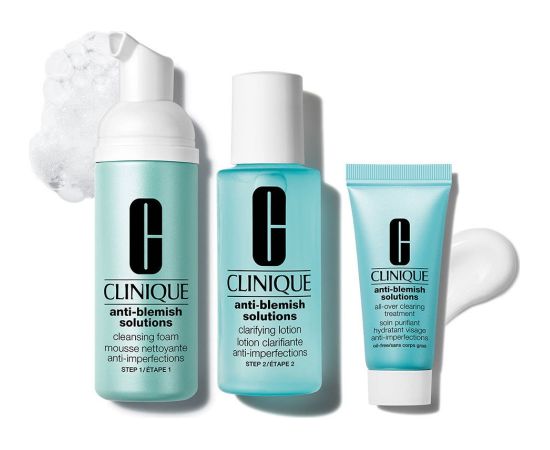CLINIQUE SET (ANTI BLEMISH SOLUTION  60ML + ANTI BLEMISH SOLUTION CLEANSING FOAM 50ML + ANTI BLEMISH SOLUTION MOISTURIZNG FACIAL TREATMENT 15ML) Smaržas - NESAKĀRTOTS