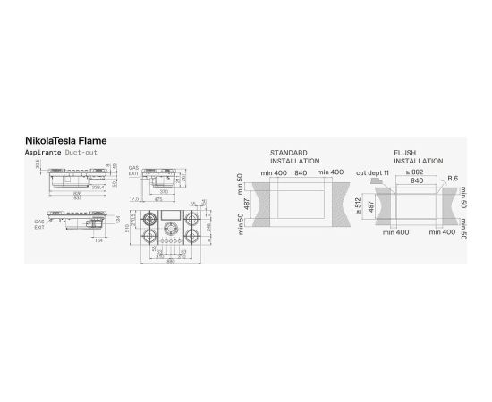 Elica NIKOLATESLA FLAME EVO BL/A/88 Gāzes virsma 88cm ar integrētu tvaika nosūcēju Iebūvējama virsma - Gāzes