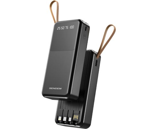 SENDEM P402 powerbank 20000 mAh | 2,4A | LED | iebūvēti USB-C, Lightning, Micro USB kabeļi | melns