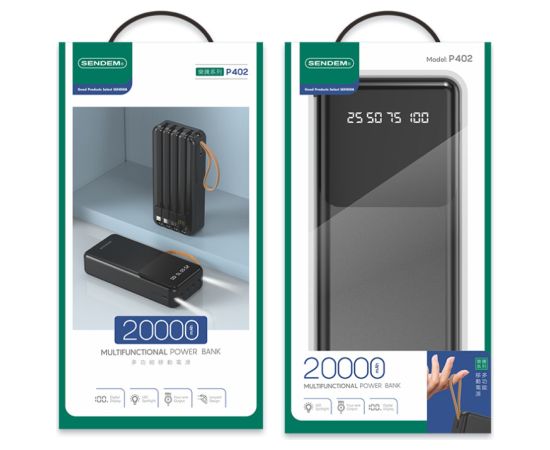 SENDEM P402 powerbank 20000 mAh | 2,4A | LED | iebūvēti USB-C, Lightning, Micro USB kabeļi | melns