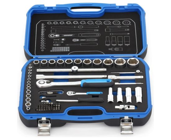 GEDORE socket wrench set 19 BMC 20, 1/4" + 1/2", tool set (black/blue, 69 pieces, with 2 reversible ratchets)