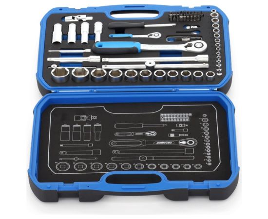 GEDORE socket wrench set 19 BMC 20, 1/4" + 1/2", tool set (black/blue, 69 pieces, with 2 reversible ratchets)