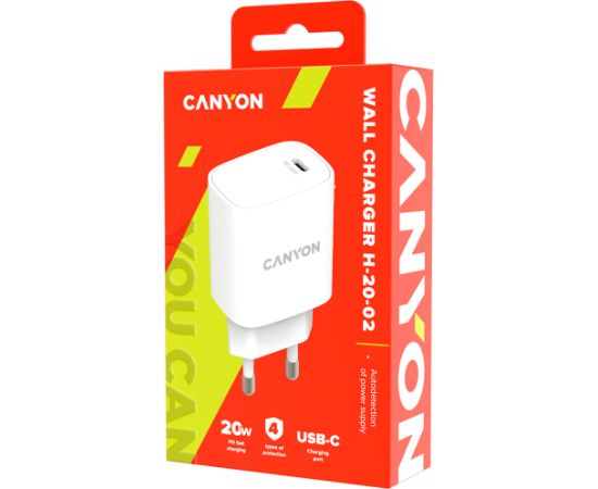 CANYON H-20, PD 20W Input: 100V-240V, Output: 1 port charge: USB-C:PD 20W (5V3A/9V2.22A/12V1.67A) , Eu plug, Over- Voltage ,  over-heated, over-current and short circuit protection Compliant with CE RoHs,ERP. Size: 80*42.3*30mm, 55g, White