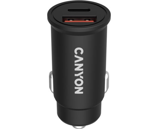 CANYON C-20B03, PD 30W/QC3.0 18W Pocket size car charger with 1-USB A+ 1-USB-C Input: DC12V-24V, Output: USBC: PD30W( 5V3A/9V3A/12V2.5A/15V2A/20V1.5A),USB-A:QC3.0 18W (5V3A