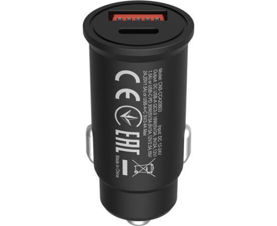 CANYON C-20B03, PD 30W/QC3.0 18W Pocket size car charger with 1-USB A+ 1-USB-C Input: DC12V-24V, Output: USBC: PD30W( 5V3A/9V3A/12V2.5A/15V2A/20V1.5A),USB-A:QC3.0 18W (5V3A