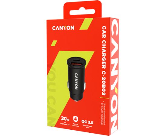 CANYON C-20B03, PD 30W/QC3.0 18W Pocket size car charger with 1-USB A+ 1-USB-C Input: DC12V-24V, Output: USBC: PD30W( 5V3A/9V3A/12V2.5A/15V2A/20V1.5A),USB-A:QC3.0 18W (5V3A