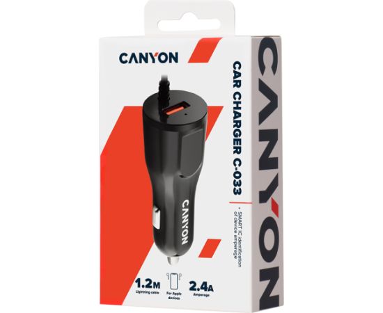 CANYON car charger C-033 2.4A/USB-A built-in Lightning Black