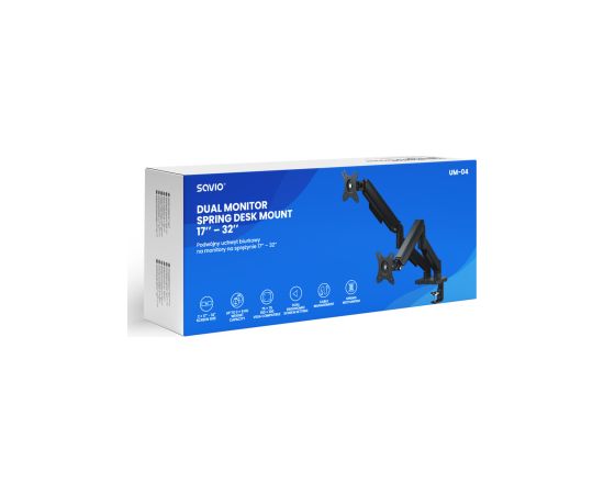 Monitora stiprinājums Savio  17" - 32" Dual monitor spring loaded desk mount