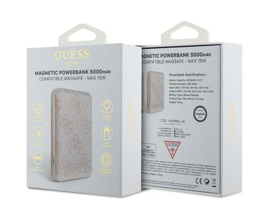 Guess Powerbank indukcyjny 15W GUPB5FP4EMGP 5000mAh różowy|pink 4G Leather Metal Logo MagSafe