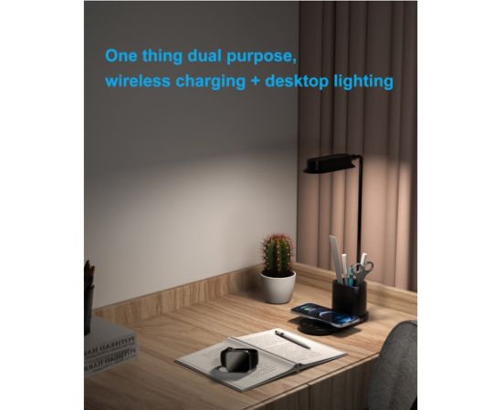 Elight T9 5W Galda fleksibla Lampa ar 15W Bezvadu lādētāju + Pildspalvu glāze USB pieslēgums Melna