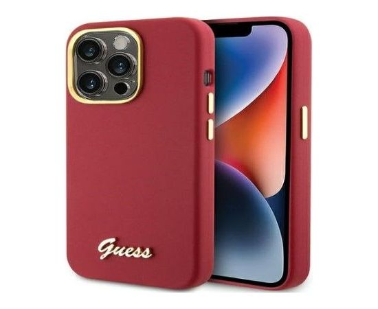 Guess Apple  iPhone 15 Pro Max 6.7 magenta hardcase Silicone Script Metal Logo Red