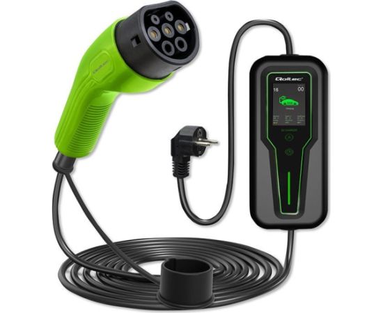 Qoltec 52465 Mobile charger for EV 2-in-1 Type2 with regulation | 3.5kW | 230V | LCD | Portable | Wallbox | 5m