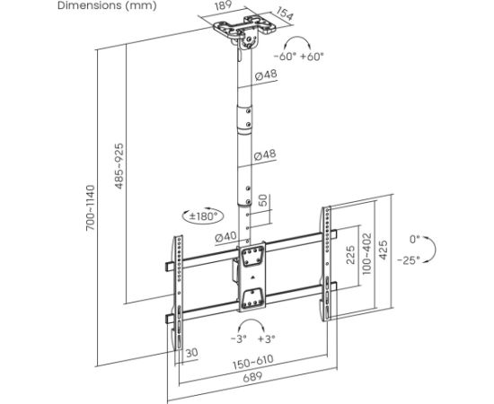 Maclean ceiling mount for TV, max load 60kg, 43-86", max VESA 600x400, MC-112 B