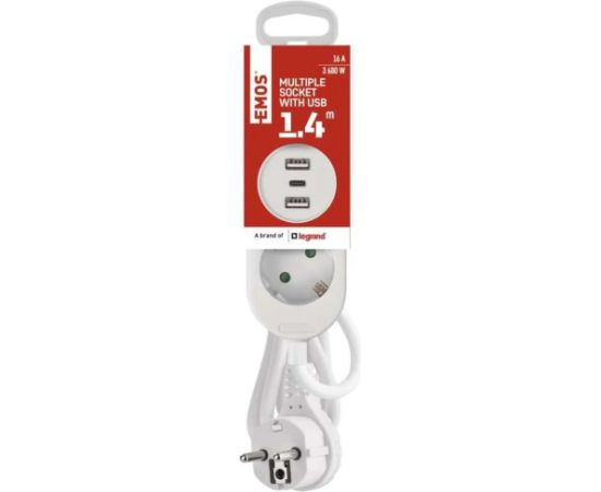 Pagarinātājs 1,4 m / 2 kontaktligzdas + 2×USB-A+1×USB-C / balts / PVC / 1,5 mm2 EMOS
