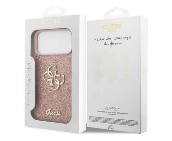 Guess PU Fixed Glitter 4G Metal Logo Case Aizsargapvalks priekš Appel iPhone 17 Pro Max