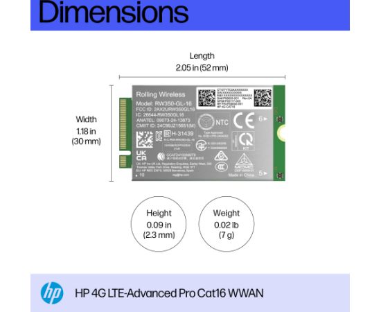 HP 4G LTE Modem m.2 WWAN Cat 16 Mobile Broadband Cellular (compatible with WWAN-ready ProBook EliteBook 4 6 - G1i G1a - 13 14 16) / B8BD2AA