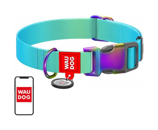 Nylon collar with QR code for Waudog gradient dog, blue , size L Citas preces