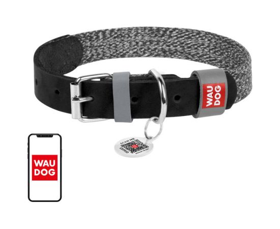 Dog collar made of natural leather and recycled material with QR code Waudog size L, width 25 mm, black