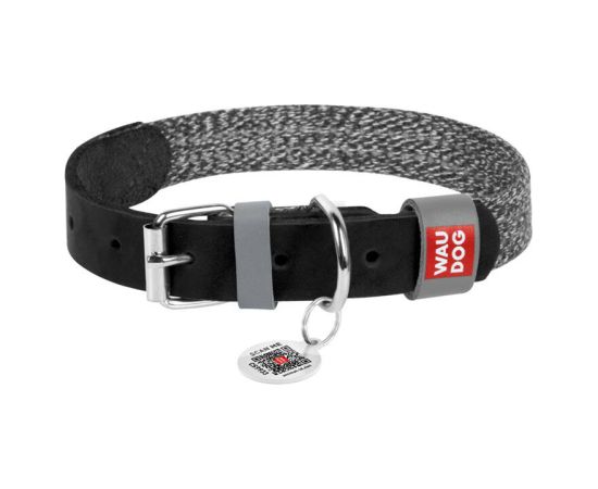 Dog collar made of natural leather and recycled material with QR code Waudog size L, width 25 mm, black