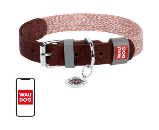 Dog collar made of natural leather and recycled material with QR code Waudog size S, width 15 mm, brown