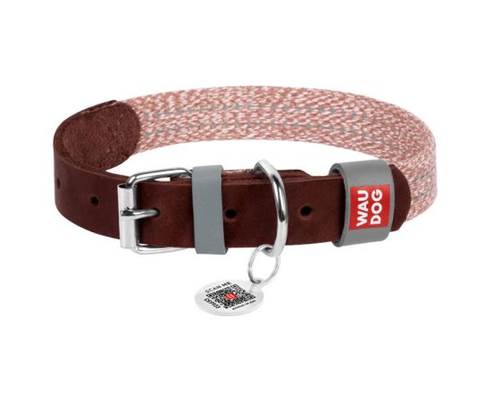 Dog collar made of natural leather and recycled material with QR code Waudog size S, width 15 mm, brown