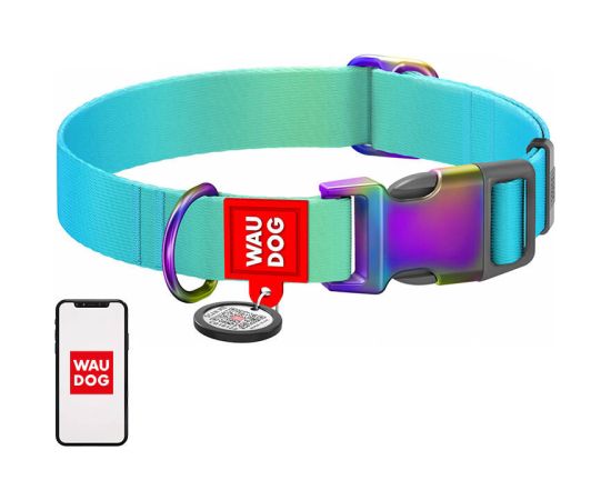 Nylon dog collar with QR code WAUDOG 15 mm wide, 25-35 cm long blue