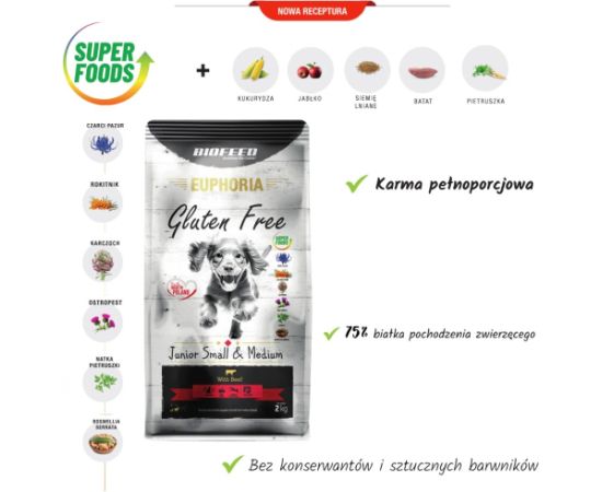 BIOFEED Euphoria Gluten Free Junior small & medium Beef - dry dog food - 12kg